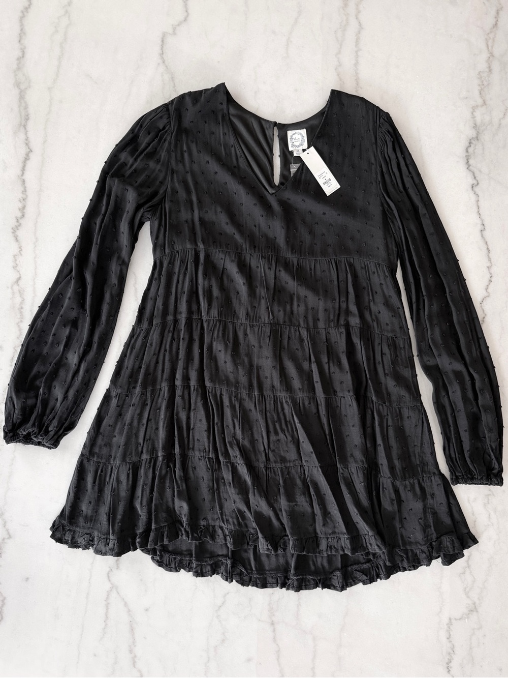 Women's Black Textured Babydoll Long-Sleeve Dress